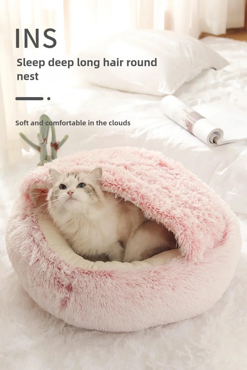 2-in-1 Plush Pet Bed with Hooded Shell – Warm & Cozy Cat and Dog Nest