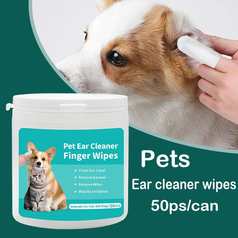 Pet Ear Cleaning Wipes – 50-Pack Fingertip Wipes for Ear Mite Removal in Cats & Dogs