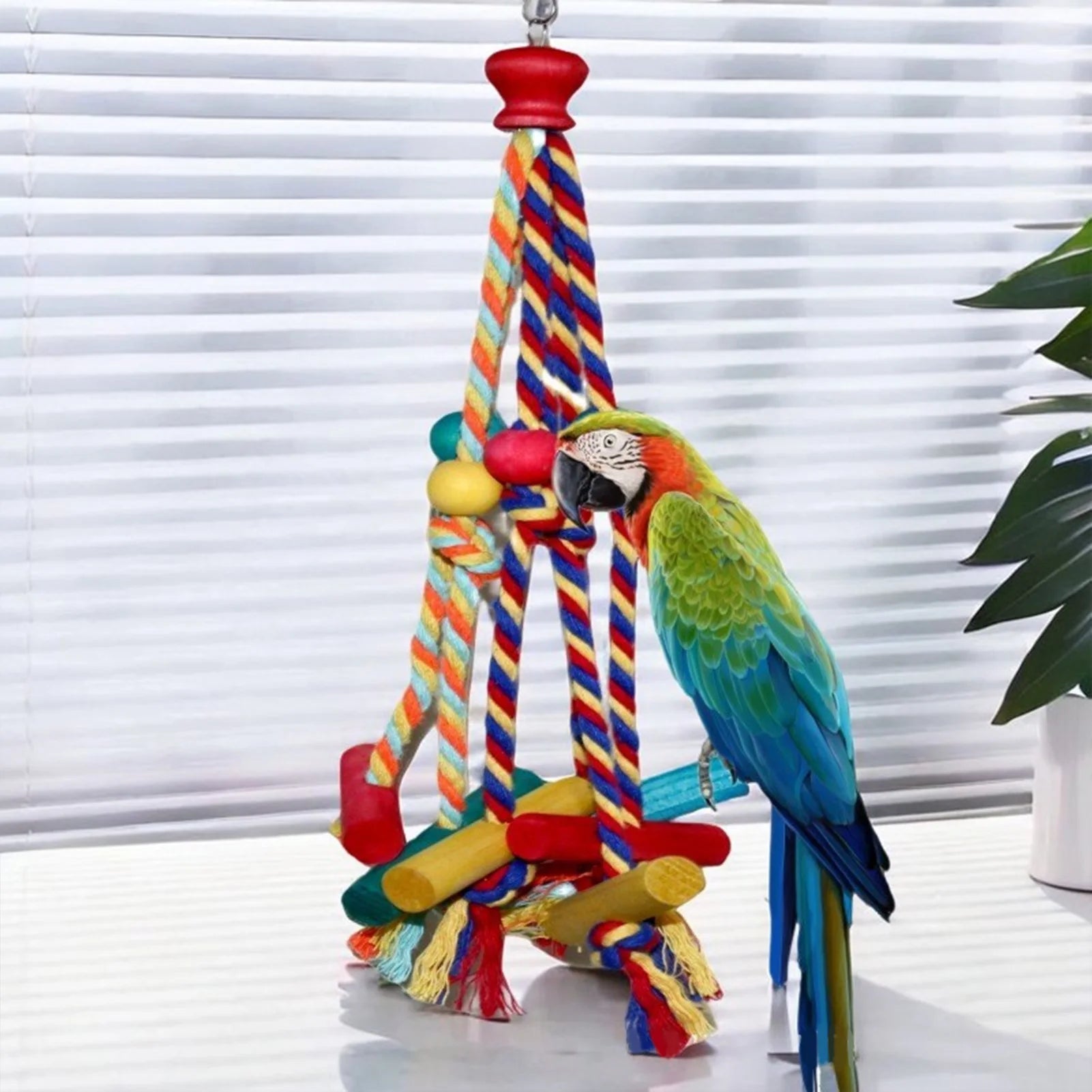 Colorful Rope & Wood Bird Toy – Climbing, Chewing & Foraging Enrichment