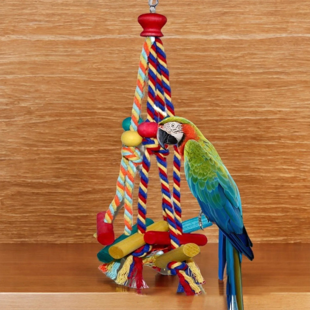Colorful Rope & Wood Bird Toy – Climbing, Chewing & Foraging Enrichment
