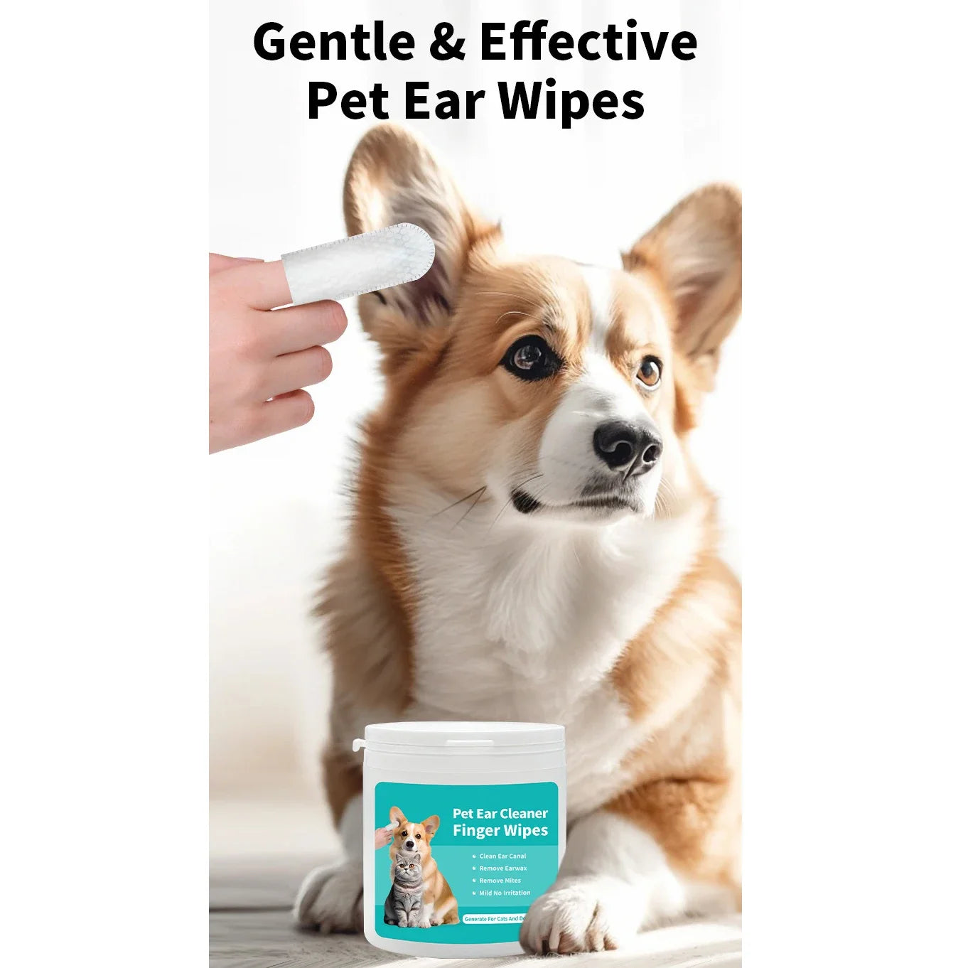 Pet Ear Cleaning Wipes – 50-Pack Fingertip Wipes for Ear Mite Removal in Cats & Dogs