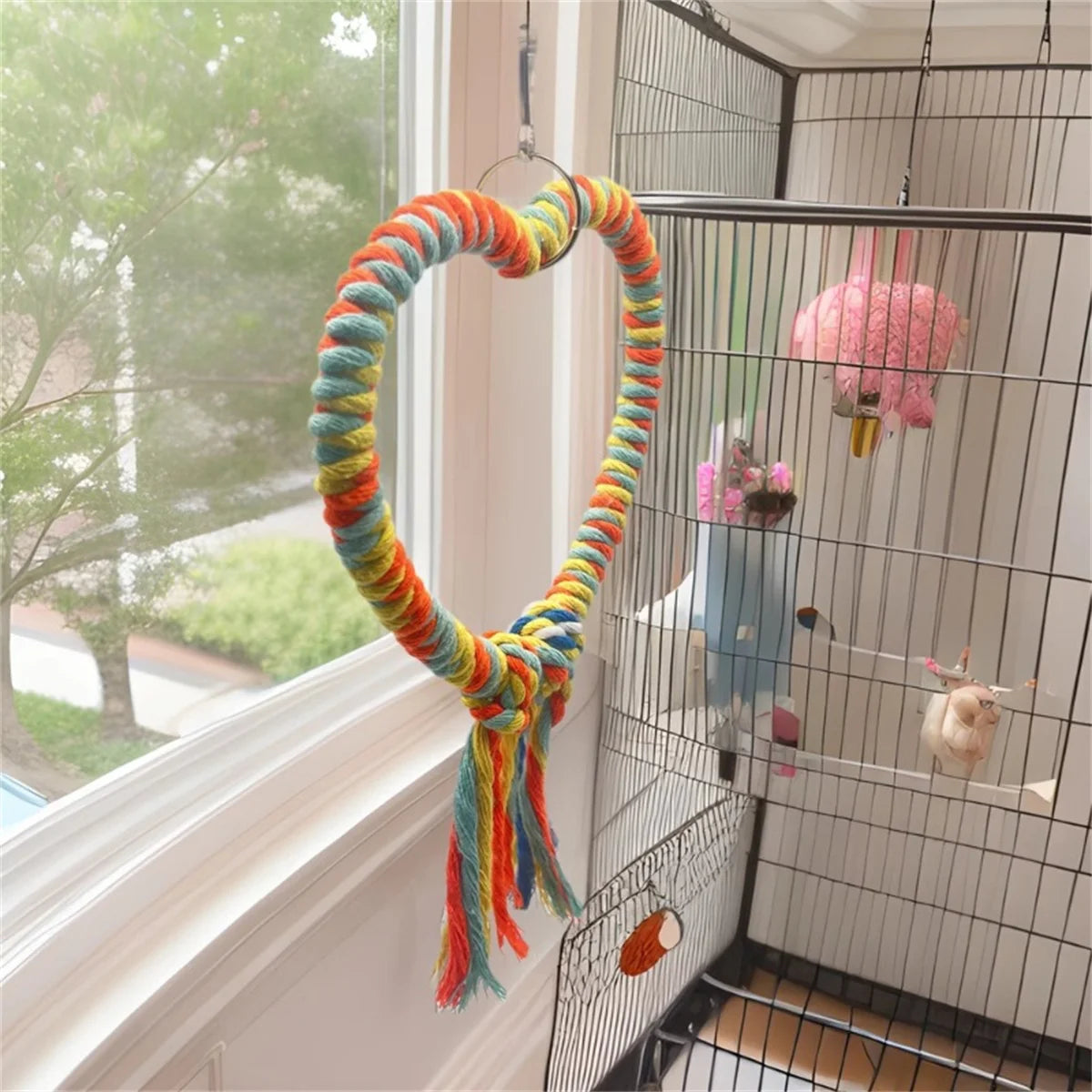 Love Shape Cotton Rope Bird Swing – Colorful Parrot Perch & Cage Toy