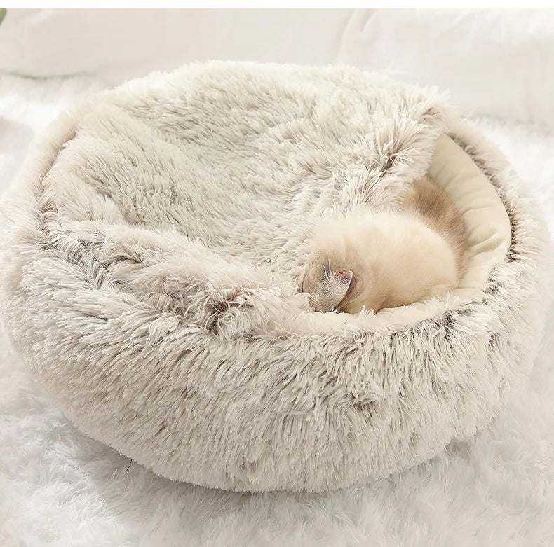 2-in-1 Plush Pet Bed with Hooded Shell – Warm & Cozy Cat and Dog Nest