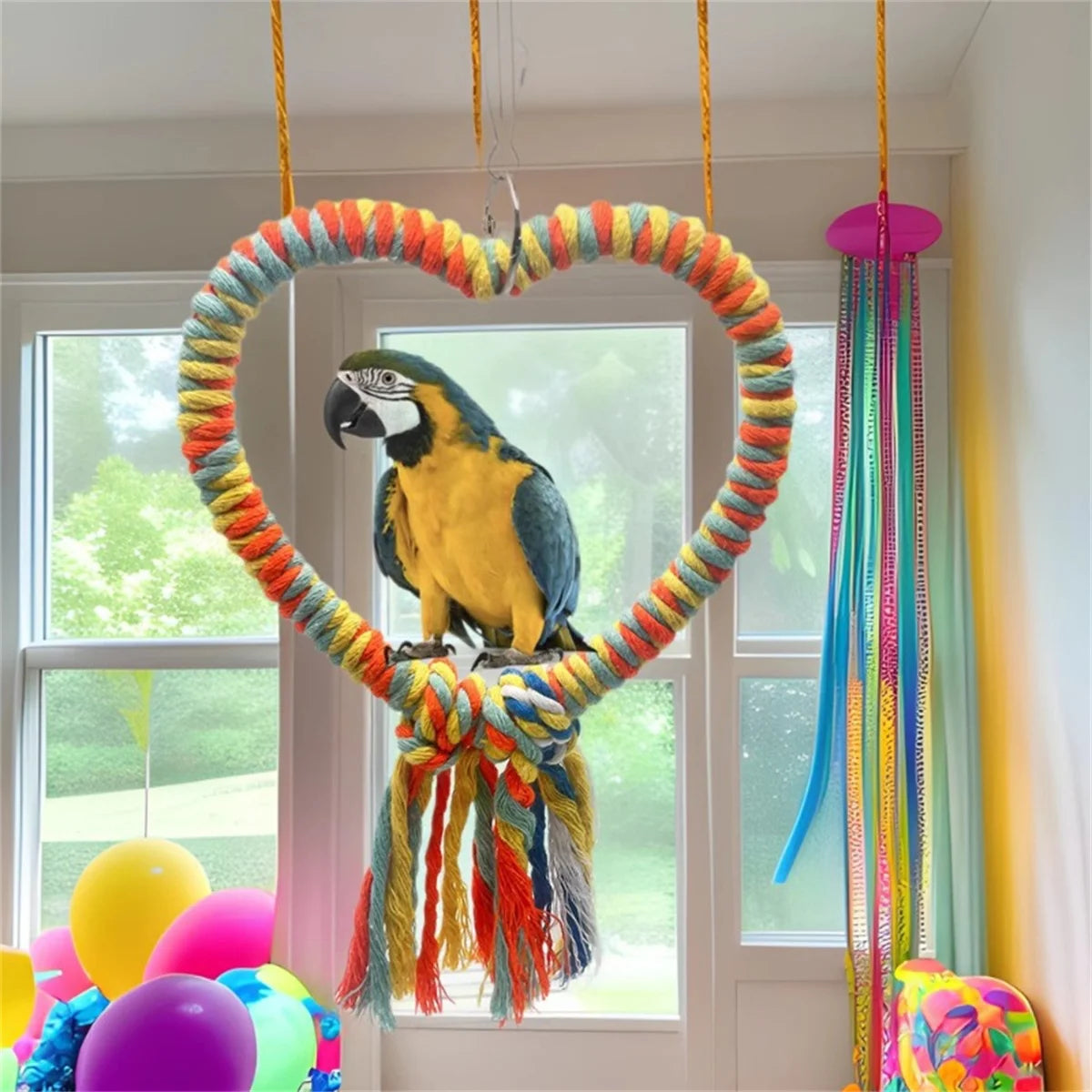 Love Shape Cotton Rope Bird Swing – Colorful Parrot Perch & Cage Toy
