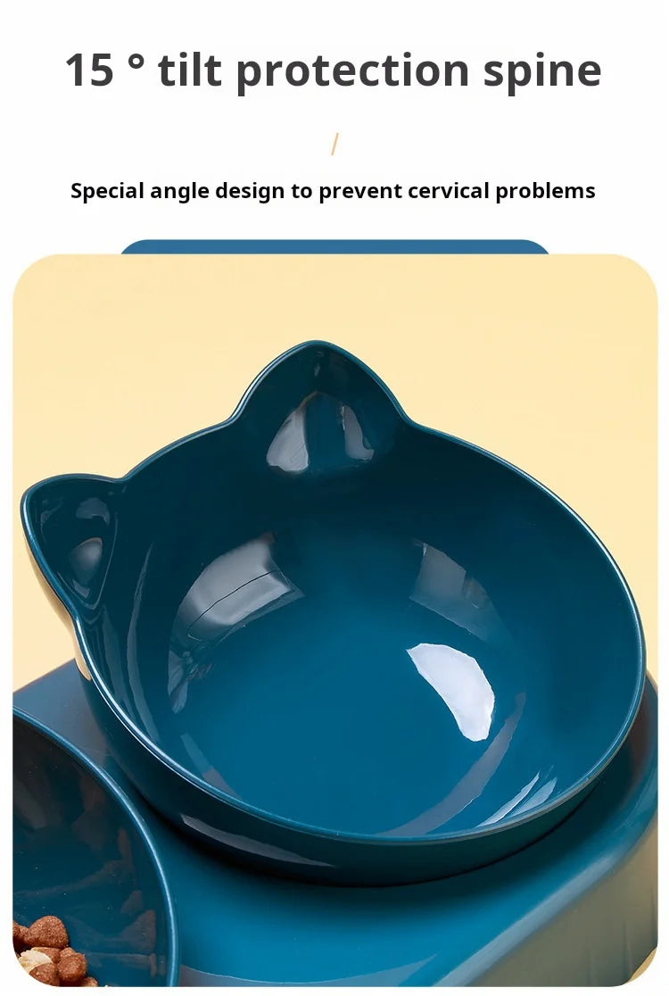 3-in-1 Tilted Cat Bowl Set with Gravity Water Dispenser – Neck Protection Design
