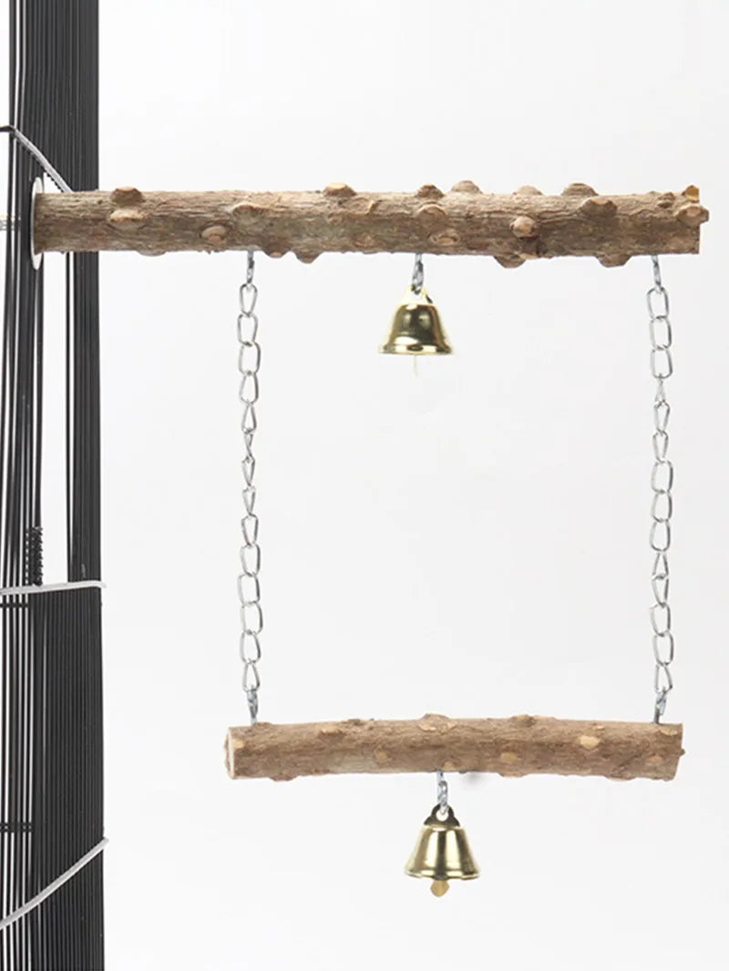 Natural Wood Bird Perch Stand – Double-Layer Parrot Toy with Beak & Claw Grinder