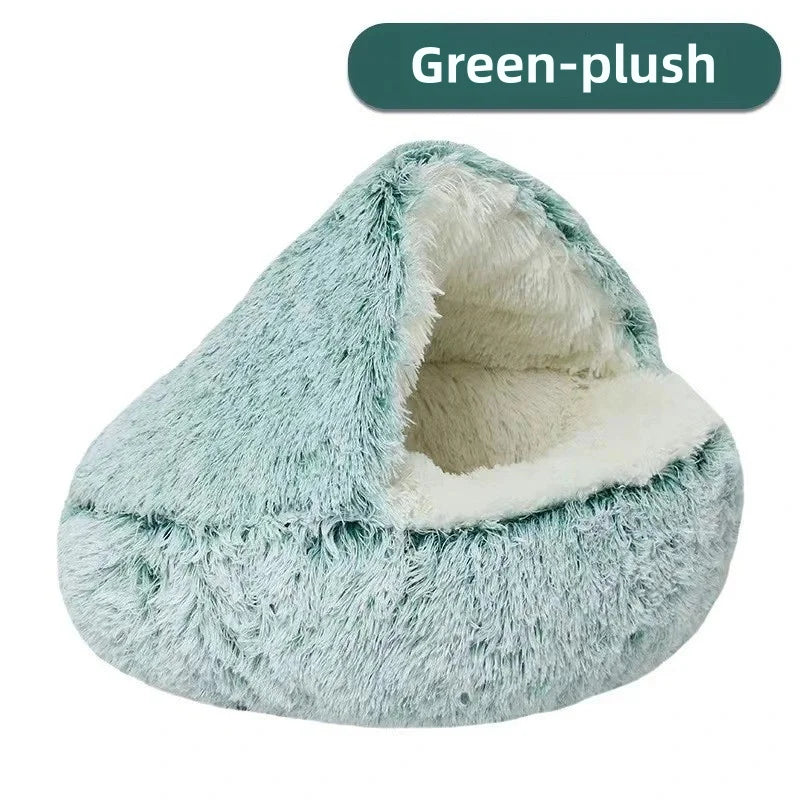 2-in-1 Plush Pet Bed with Hooded Shell – Warm & Cozy Cat and Dog Nest