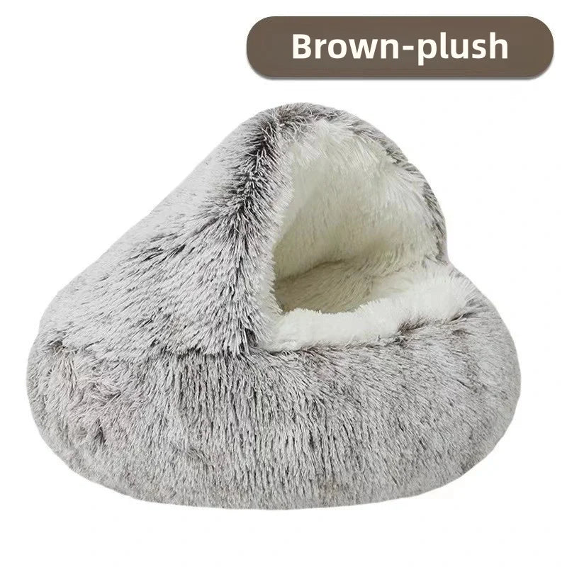 2-in-1 Plush Pet Bed with Hooded Shell – Warm & Cozy Cat and Dog Nest