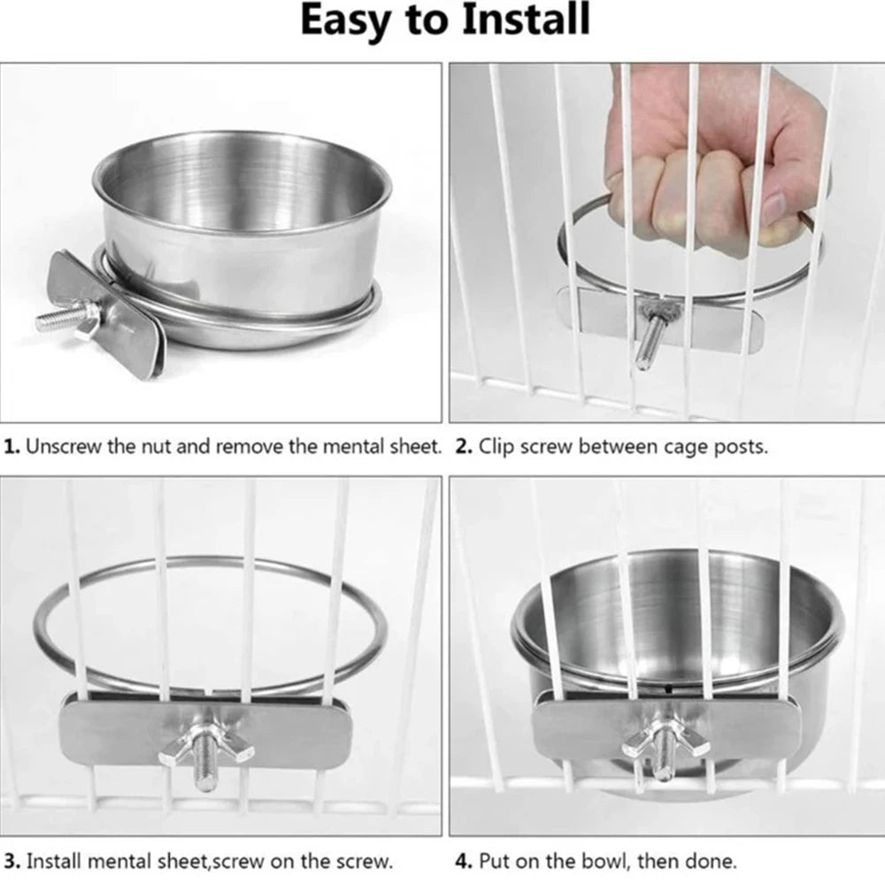 Stainless Steel Bird Feeder Bowl with Cage Clip