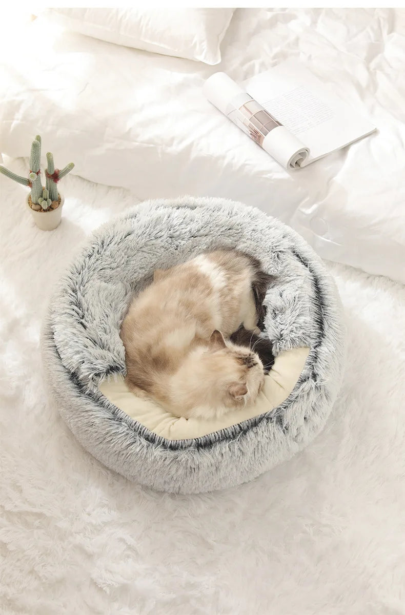 2-in-1 Plush Pet Bed with Hooded Shell – Warm & Cozy Cat and Dog Nest