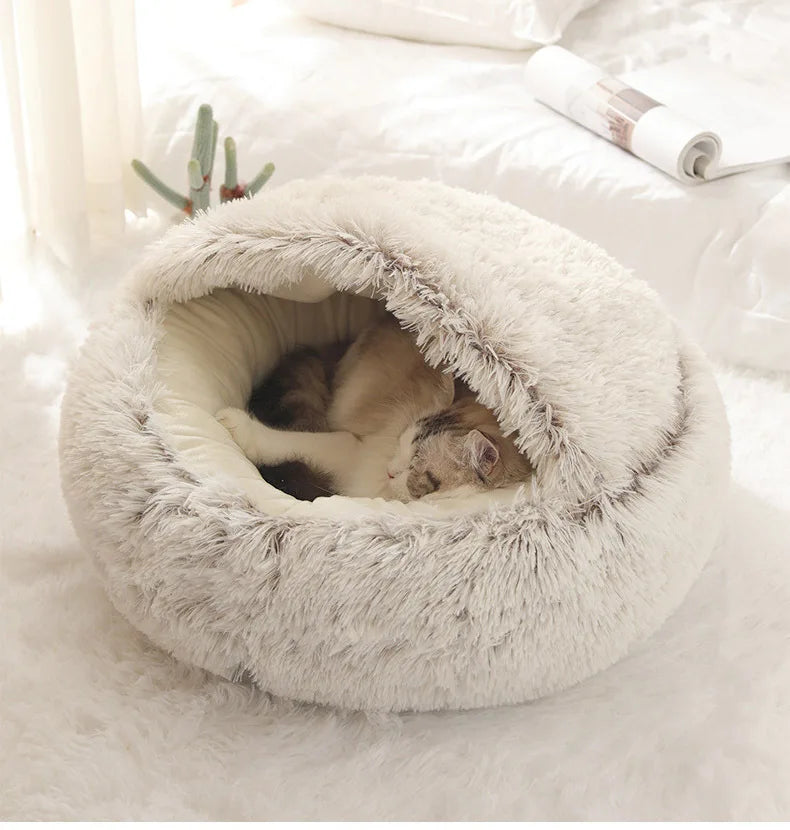 2-in-1 Plush Pet Bed with Hooded Shell – Warm & Cozy Cat and Dog Nest