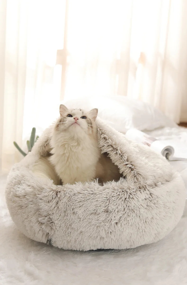 2-in-1 Plush Pet Bed with Hooded Shell – Warm & Cozy Cat and Dog Nest