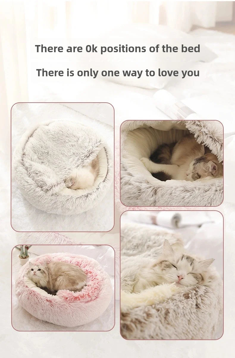 2-in-1 Plush Pet Bed with Hooded Shell – Warm & Cozy Cat and Dog Nest