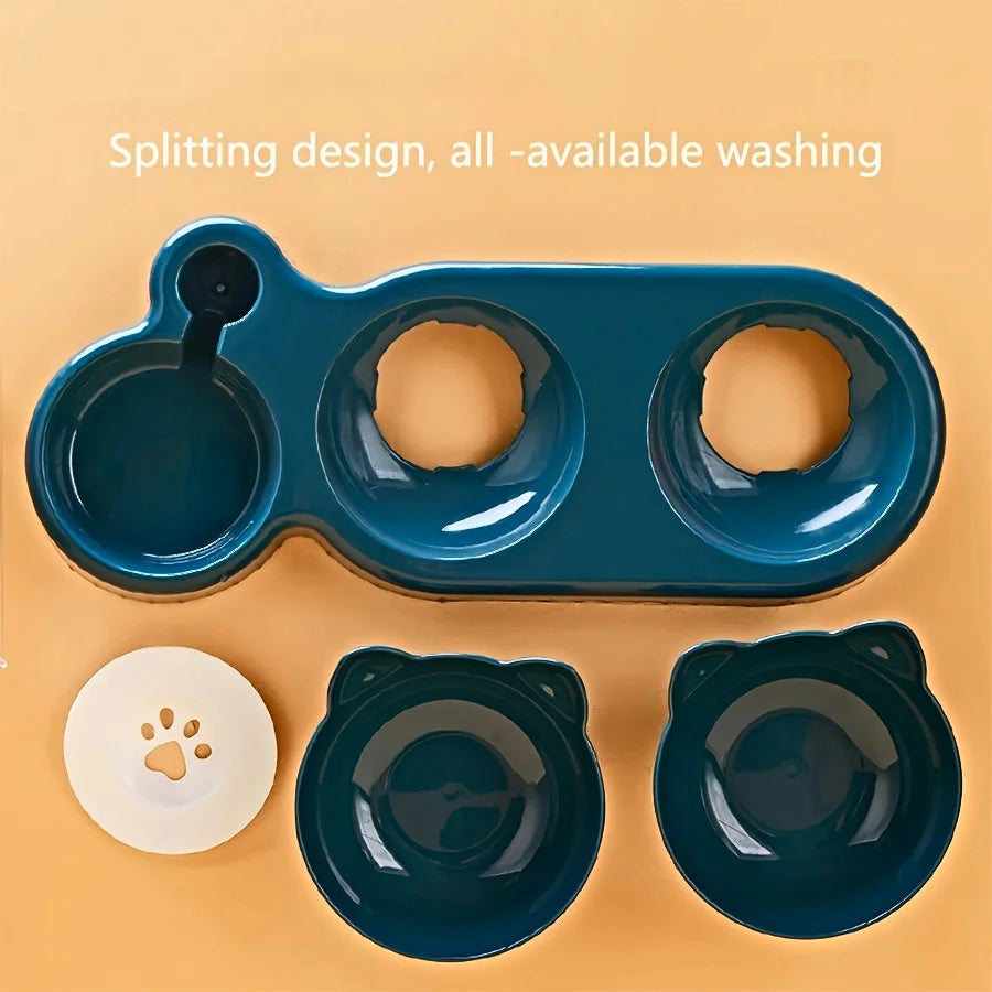 3-in-1 Tilted Cat Bowl Set with Gravity Water Dispenser – Neck Protection Design