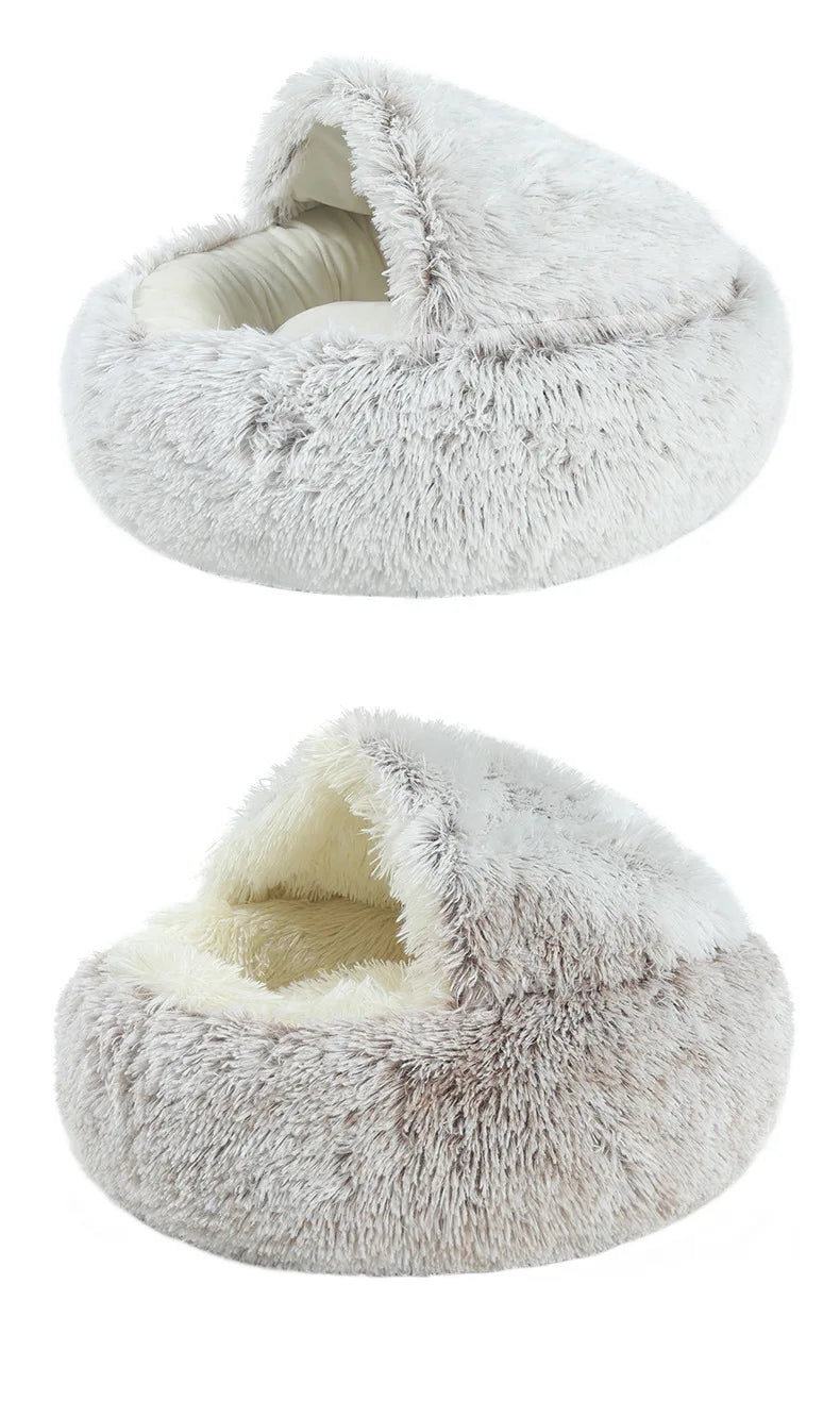 2-in-1 Plush Pet Bed with Hooded Shell – Warm & Cozy Cat and Dog Nest